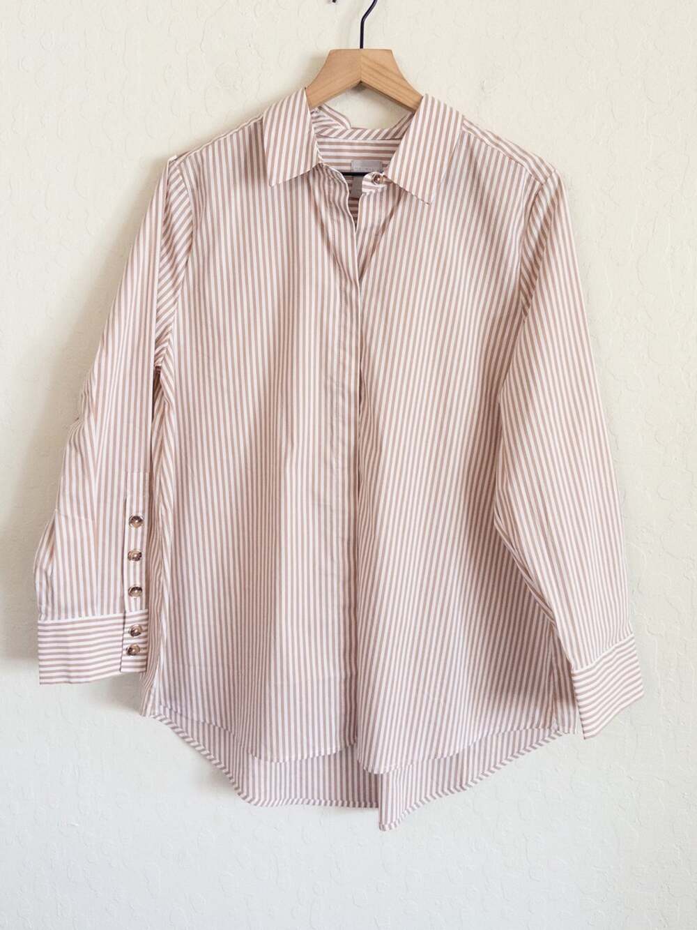 Chicos Button Sleeve Poplin Cotton Tunic 3/4 Sleeve Button Down Shirt 12 Striped
